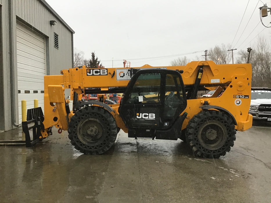 2020 JCB 510-56 Cab/Heat/Air, 74 HP, Solid Tires, STD Worklight, Beacon, Aux Hydraulics, Lifting Eye, Back up Alarm w/66" Carriage/60" Forks