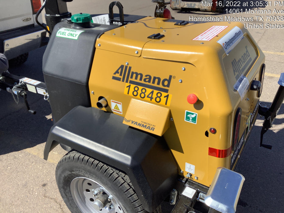 Allmand NLV3GR (4) LED Light Fixture 350W, 23' Vertical Mast, 3kW Prime, Towable, Deep Sea L401, Leveling Jacks, Yanmar T4F 5.8hp