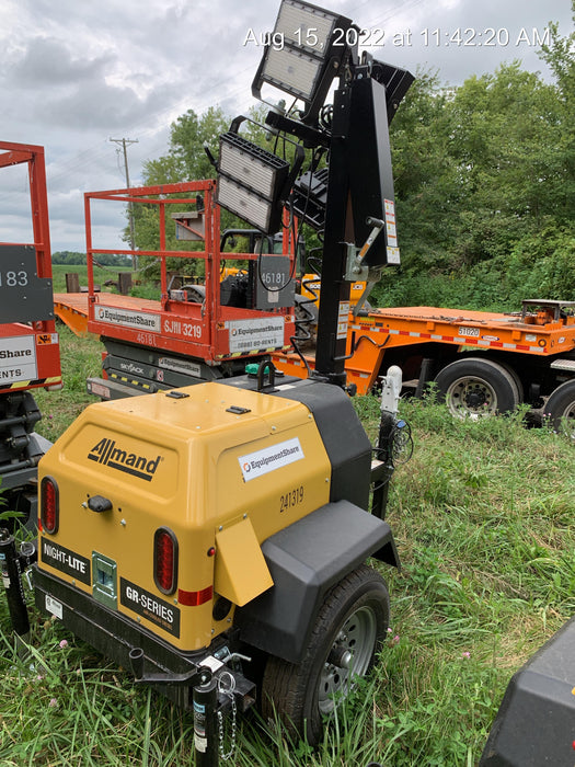 2022 Allmand NLV3GR (4) LED Light Fixture 350W, 23' Vertical Mast, 3kW Prime, Towable, Deep Sea L401, Leveling Jacks, Yanmar T4F 5.8hp