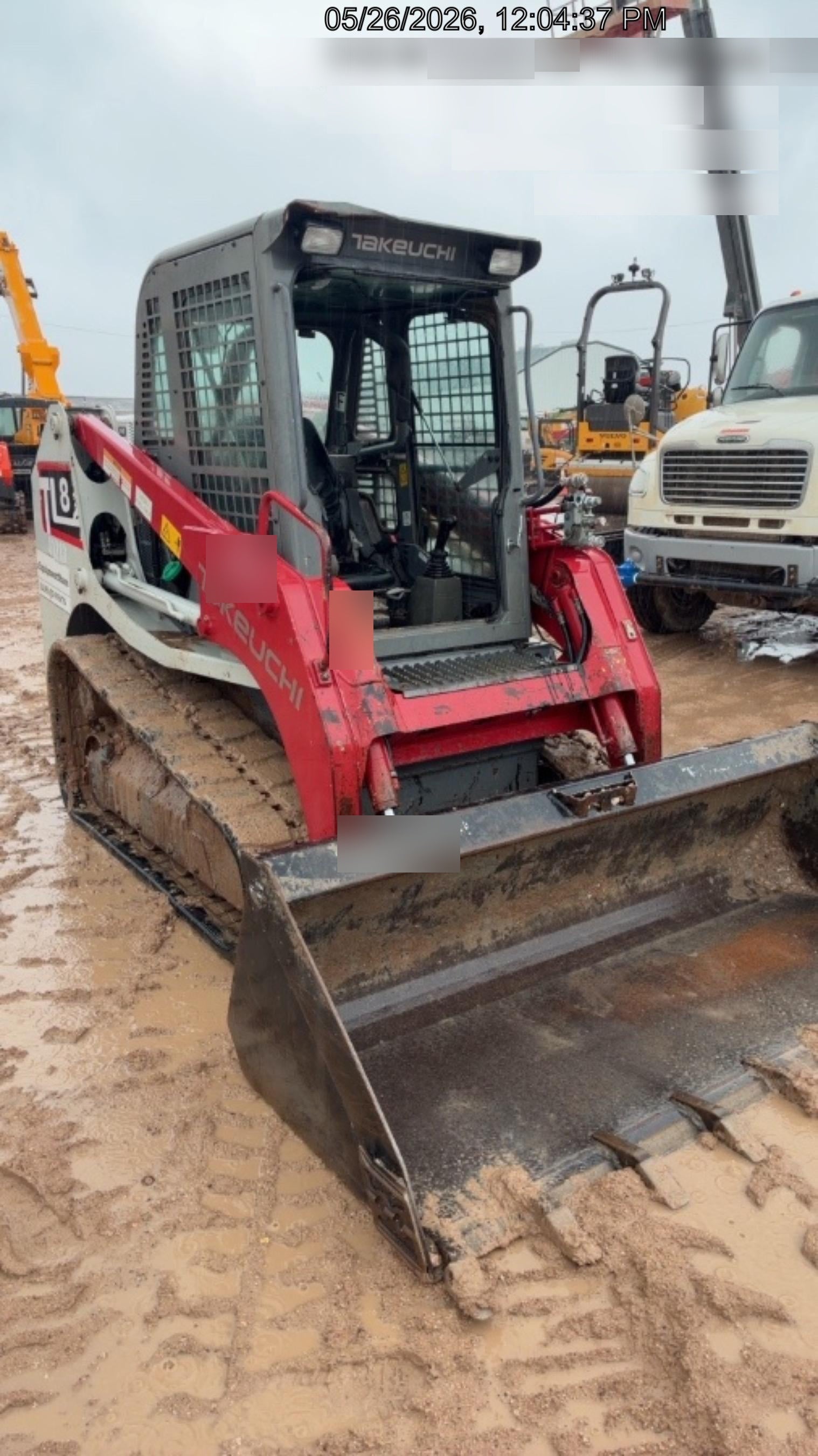 2019 Takeuchi TL8 Cab, Heat/AC, Defroster, 15" Wide Rubber Tracks, Back-up Alarm, Front & Rear Working Lights, Auxiliary Hydraulics, Two-Speed Travel, Electronic Monitoring System, Hydraulic Universal Quick Hitch 76" HD Dirt Bucket with 8 Teeth, 20.3 cubic feet Capacity