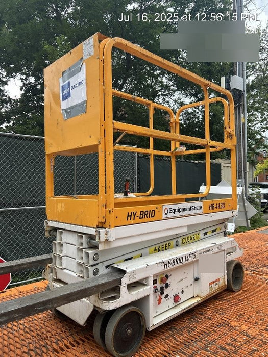 Custom Equipment HB-1430 <ul>
 <li>Hy-Brid Scissor Lift</li>
  <li>Platform capacity up to 670 lbs.</li>
  <li>Working height up to 20 ft</li>
  <li>Weighs under 1,700 lbs.</li>
  <li>Non-marking wheels </li>
</ul>