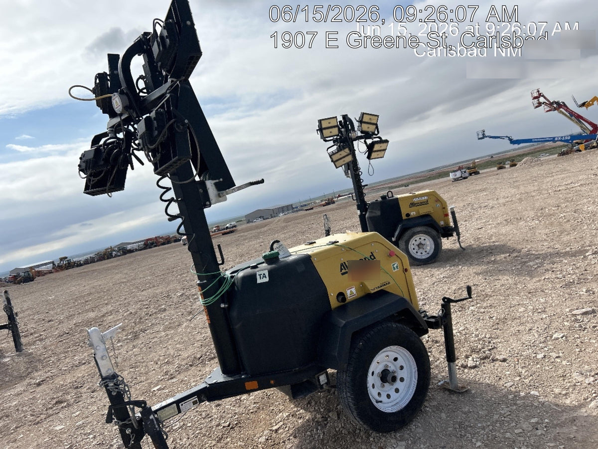 Allmand NLV3GR (4) LED Light Fixture 350W, 23' Vertical Mast, 3kW Prime, Towable, Deep Sea L401, Leveling Jacks, Yanmar T4F 5.8hp