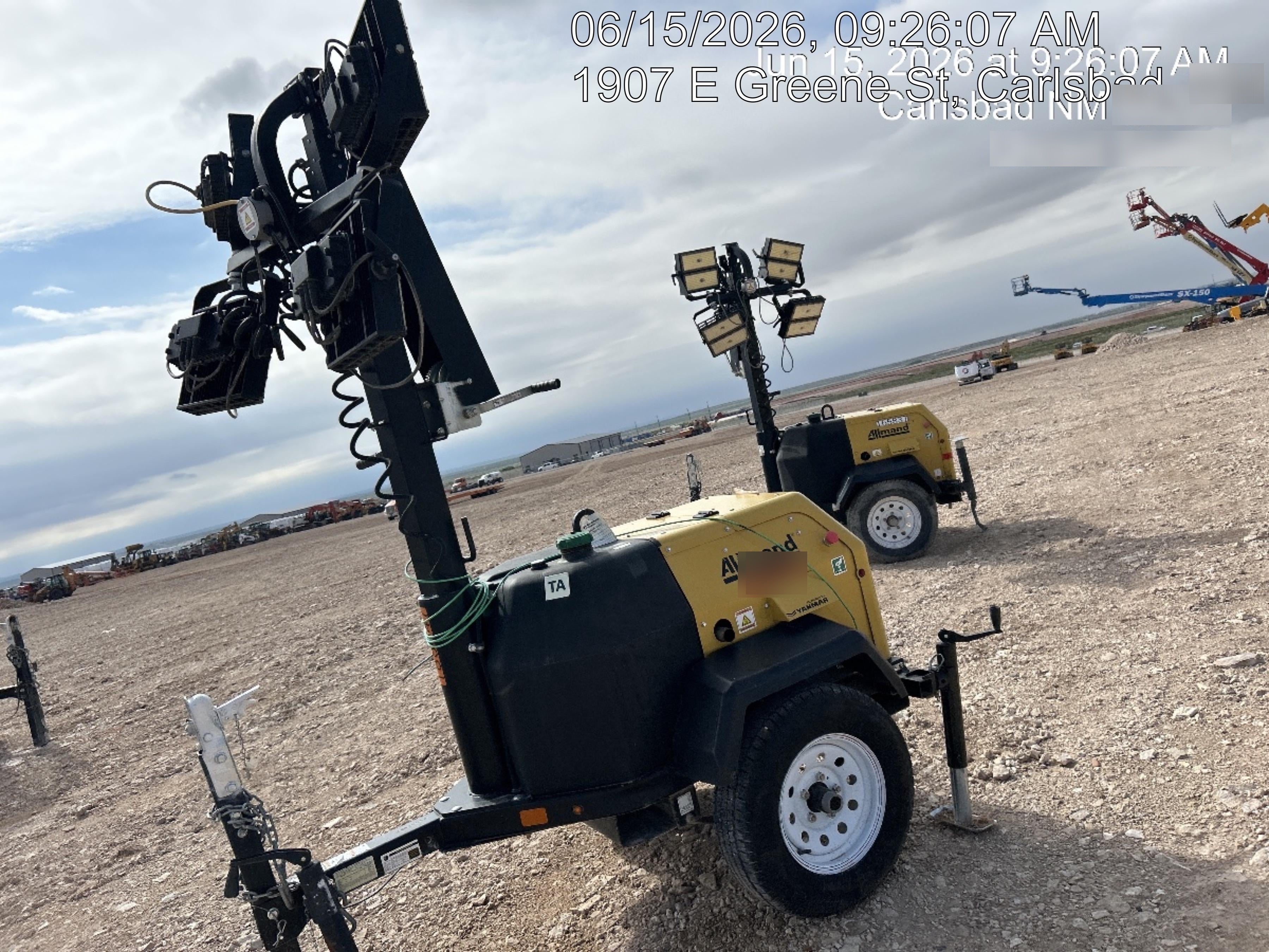 Allmand NLV3GR (4) LED Light Fixture 350W, 23' Vertical Mast, 3kW Prime, Towable, Deep Sea L401, Leveling Jacks, Yanmar T4F 5.8hp