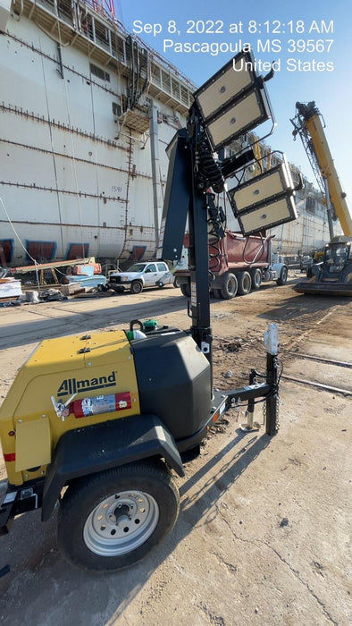 2022 Allmand NLV3GR (4) LED Light Fixture 350W, 23' Vertical Mast, 3kW Prime, Towable, Deep Sea L401, Leveling Jacks, Yanmar T4F 5.8hp