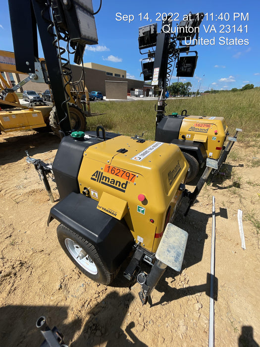2021 Allmand NLV3GR (4) LED Light Fixture 350W, 23' Vertical Mast, 3kW Prime, Towable, Deep Sea L401, Leveling Jacks, Yanmar T4F 5.8hp
