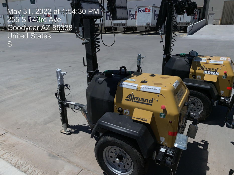 Allmand NLV3GR (4) LED Light Fixture 350W, 23' Vertical Mast, 3kW Prime, Towable, Deep Sea L401, Leveling Jacks, Yanmar T4F 5.8hp