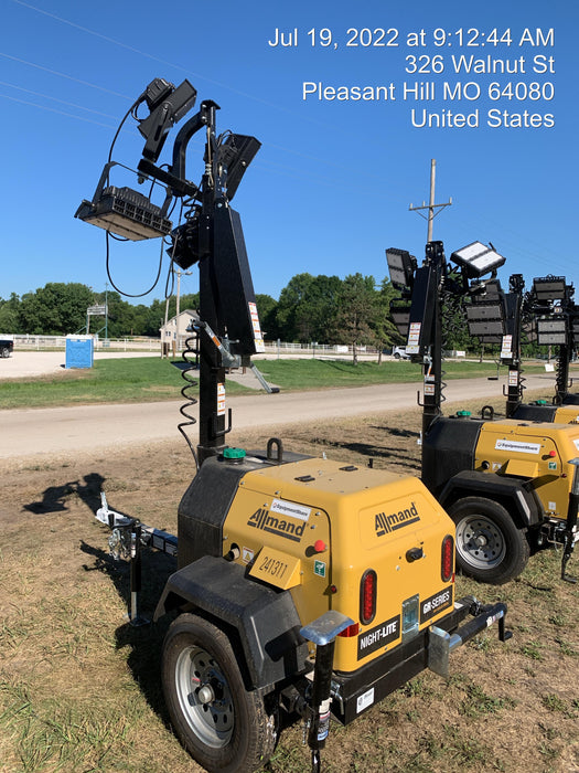 2022 Allmand NLV3GR (4) LED Light Fixture 350W, 23' Vertical Mast, 3kW Prime, Towable, Deep Sea L401, Leveling Jacks, Yanmar T4F 5.8hp