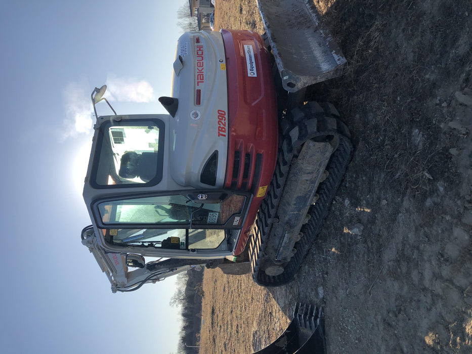 2019 Takeuchi TB290 Cab, AC, Rubber Tracks, Dozer Blade, Travel Alarm, Control Pattern Change Valve, Auxiliary Hydraulics w/18" Quick Coupler Bucket with teeth, 6.2 cu. ft. capacity/24" Quick Coupler Bucket with teeth, 8.6 cu. ft. capacity/36" Quick Coupler Bucket with teeth, 13.4 cu. ft. capacity, Quick Coupler, Hydraulic Thumb Installed
