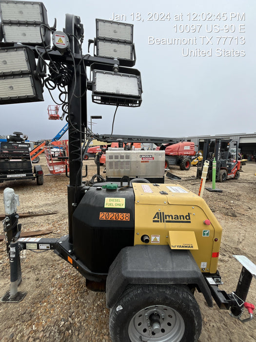 2022 Allmand NLV3GR (4) LED Light Fixture 350W, 23' Vertical Mast, 3kW Prime, Towable, Deep Sea L401, Leveling Jacks, Yanmar T4F 5.8hp