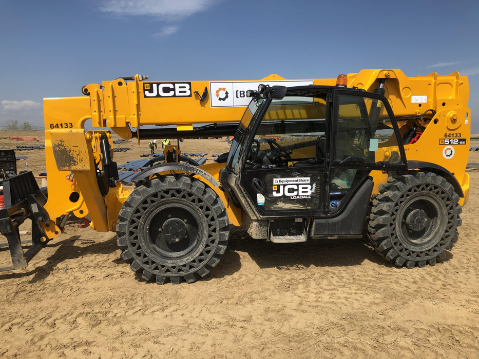 2019 JCB 512-56 Enclosed Cab, 109 HP, Solid Tires, Worklights, Beacon, Aux Hydraulics, Lifting Eye w/66" Carriage/60" Forks