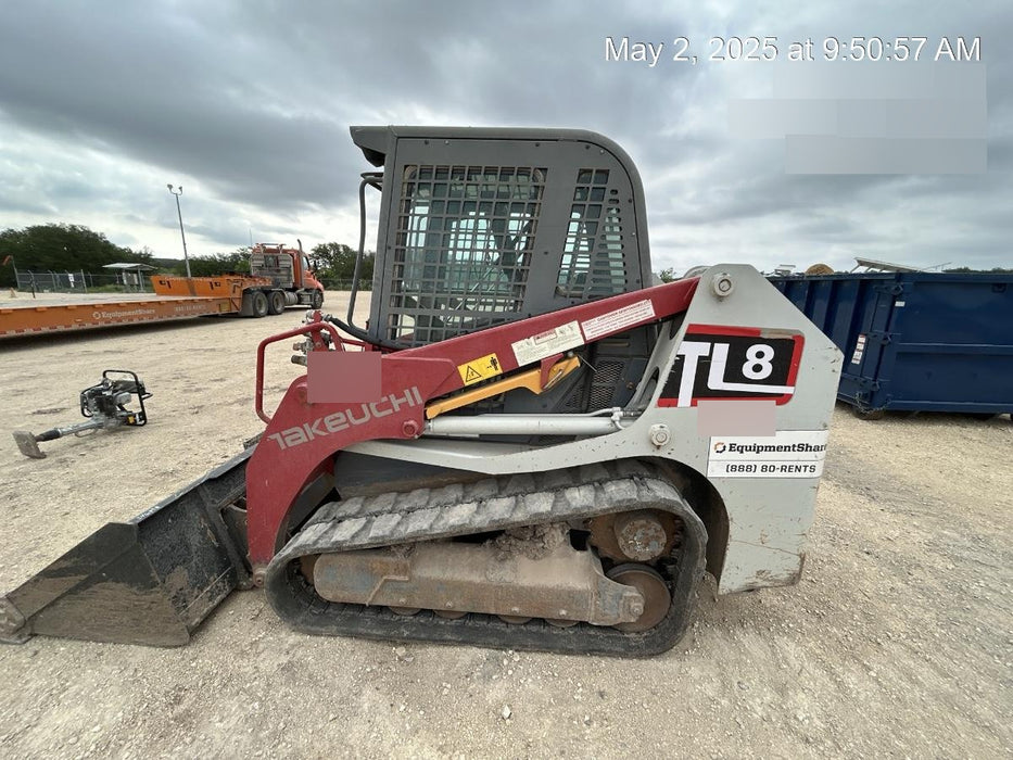 2019 Takeuchi TL8 Cab, Heat/AC, Defroster, 15" Wide Rubber Tracks, Back-up Alarm, Front & Rear Working Lights, Auxiliary Hydraulics, Two-Speed Travel, Electronic Monitoring System, Hydraulic Universal Quick Hitch 76" HD Dirt Bucket with 8 Teeth, 20.3 cubic feet Capacity