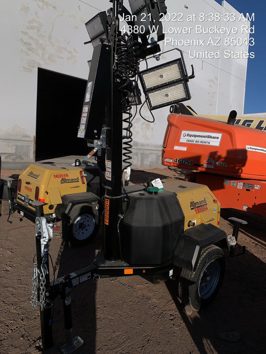 Allmand NLV3GR (4) LED Light Fixture 350W, 23' Vertical Mast, 3kW Prime, Towable, Deep Sea L401, Leveling Jacks, Yanmar T4F 5.8hp