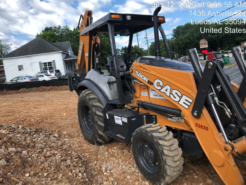 2019 Case 580N EP Canopy, 4WD, 1-Way Aux Hydraulics, Pilot Controls, Ride Control and Loader Aux Hydraulics, 900 LB. Front CWT, 82" HD LONG LIP (1 CU. YD.) W/BOCE AND LIFT EYES, FLIP OVER/STABILIZER PADS COMB