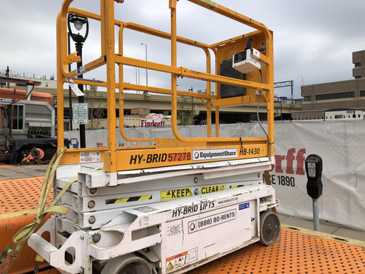 Custom Equipment HB-1430 Hy-Brid Scissor Lift
Platform capacity up to 670 lbs
Working height up to 20 ft
Weighs under 1,700 lbs
Non-marking wheels