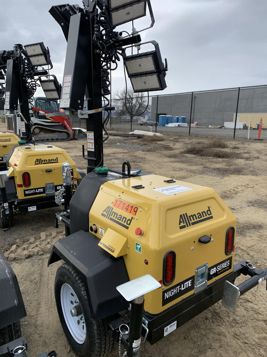 2021 Allmand NLV3GR (4) LED Light Fixture 350W, 23' Vertical Mast, 3kW Prime, Towable, Deep Sea L401, Leveling Jacks, Yanmar T4F 5.8hp