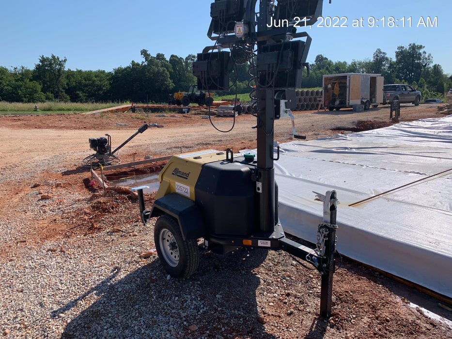 2022 Allmand NLV3GR (4) LED Light Fixture 350W, 23' Vertical Mast, 3kW Prime, Towable, Deep Sea L401, Leveling Jacks, Yanmar T4F 5.8hp