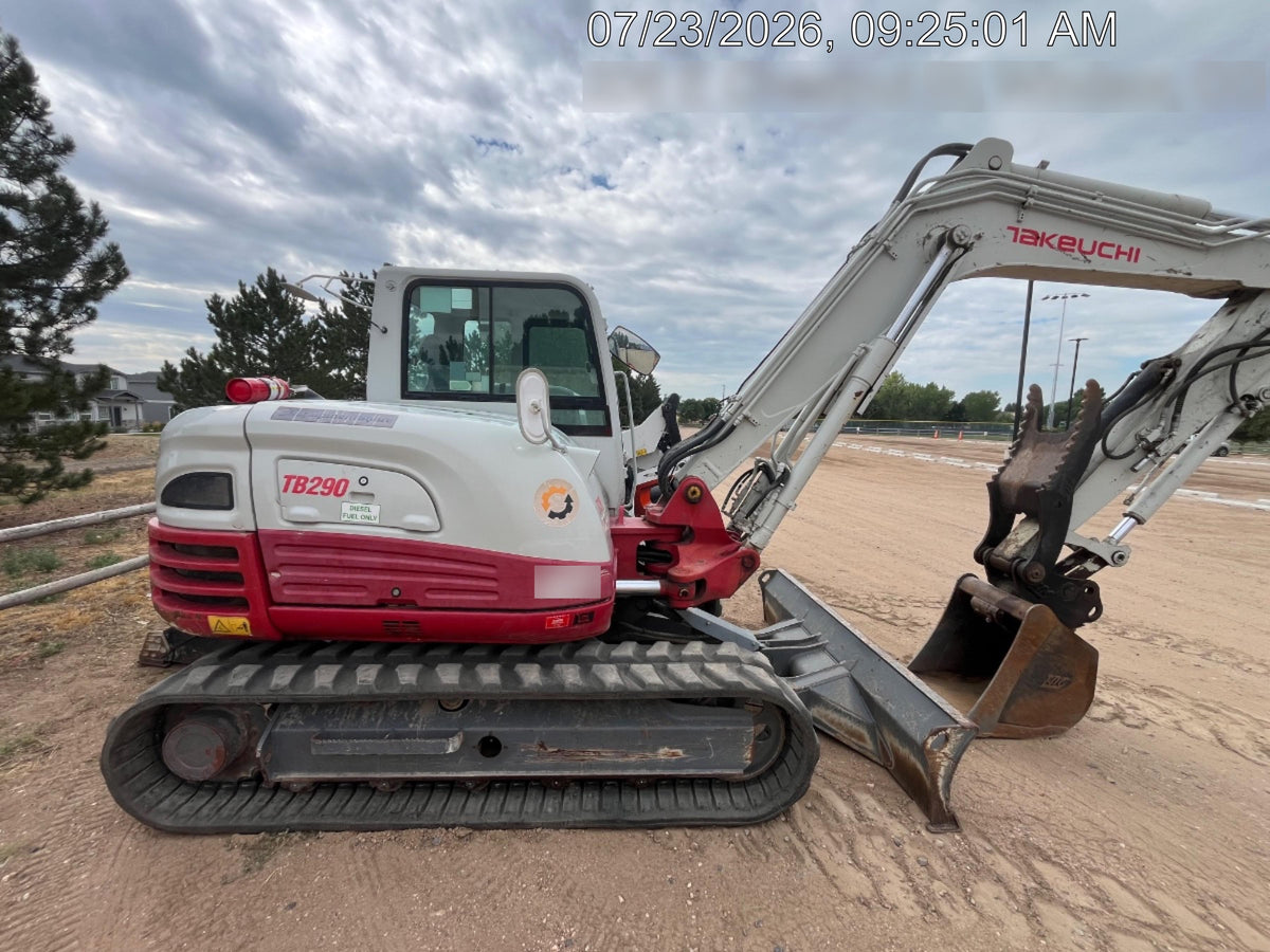 2019 Takeuchi TB290 Cab, AC, Rubber Tracks, Dozer Blade, Travel Alarm, Control Pattern Change Valve, Auxiliary Hydraulics w/18" Quick Coupler Bucket with teeth, 6.2 cu. ft. capacity/24" Quick Coupler Bucket with teeth, 8.6 cu. ft. capacity/36" Quick Coupler Bucket with teeth, 13.4 cu. ft. capacity, Quick Coupler, Hydraulic Thumb Installed