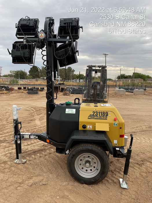 2022 Allmand NLV3GR (4) LED Light Fixture 350W, 23' Vertical Mast, 3kW Prime, Towable, Deep Sea L401, Leveling Jacks, Yanmar T4F 5.8hp