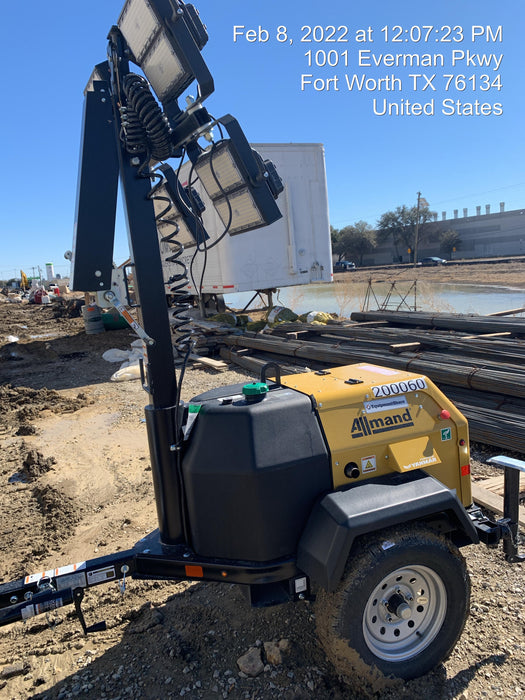 2022 Allmand NLV3GR (4) LED Light Fixture 350W, 23' Vertical Mast, 3kW Prime, Towable, Deep Sea L401, Leveling Jacks, Yanmar T4F 5.8hp