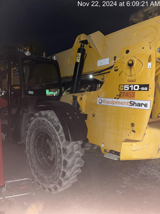 2019 JCB 510-56 Open ROPS, 74 HP, Solid Tires, Worklights, Beacon, Aux Hydraulics, Lifting Eye w/60" Carriage/60" Forks
