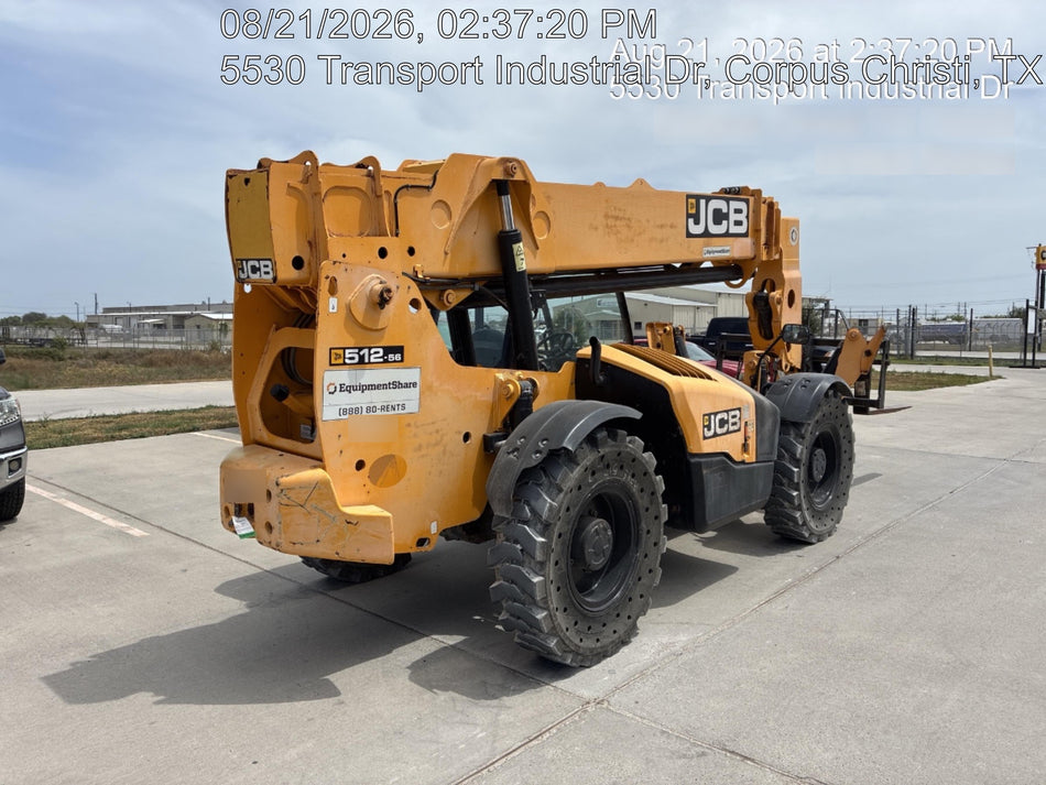 2019 JCB 512-56 109 HP w/Open ROPS, Beacon, Aux Hydraulics, Worklights, Solid Tires w/66" Carriage/60" Forks