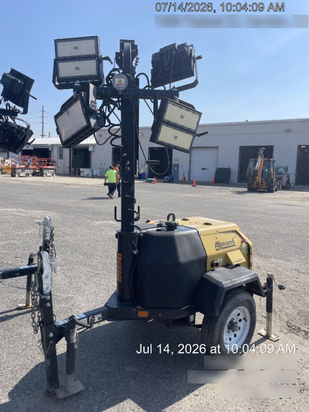Allmand NLV3GR (4) LED Light Fixture 350W, 23' Vertical Mast, 3kW Prime, Towable, Deep Sea L401, Leveling Jacks, Yanmar T4F 5.8hp