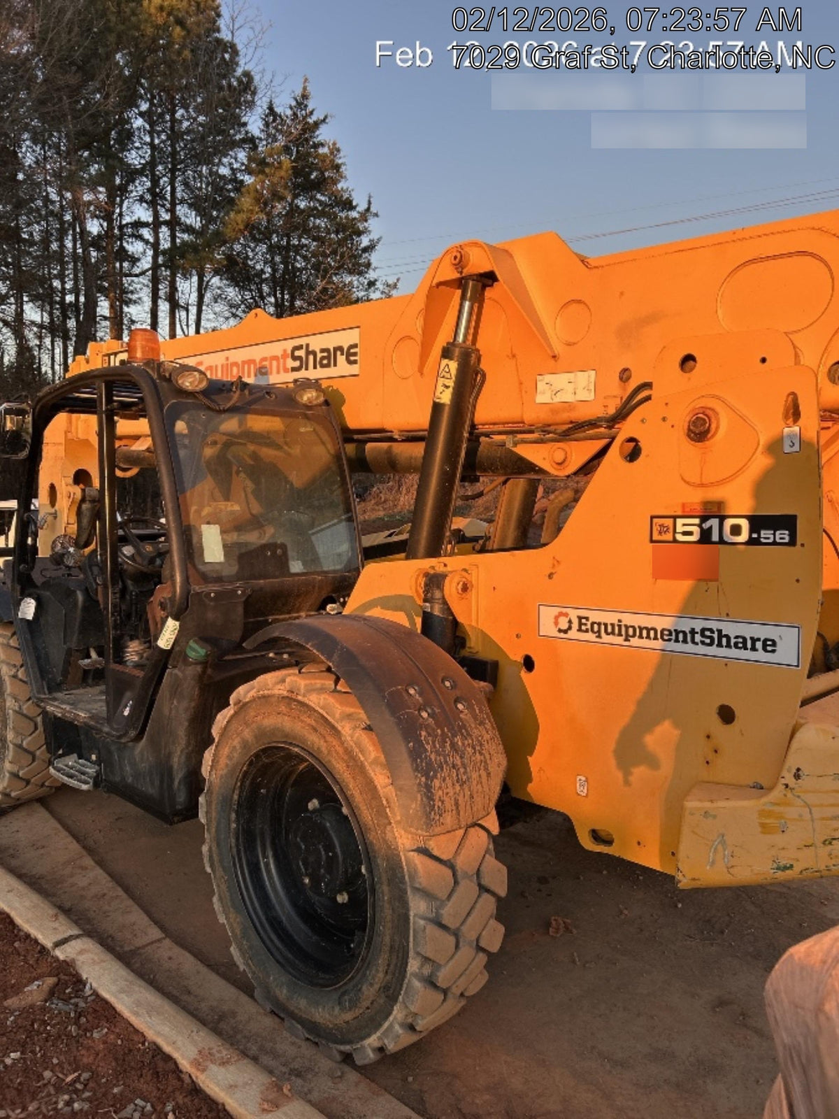 2019 JCB 510-56 Open ROPS, 74 HP, Solid Tires, Worklights, Beacon, Aux Hydraulics, Lifting Eye w/72" Carriage/60" Forks