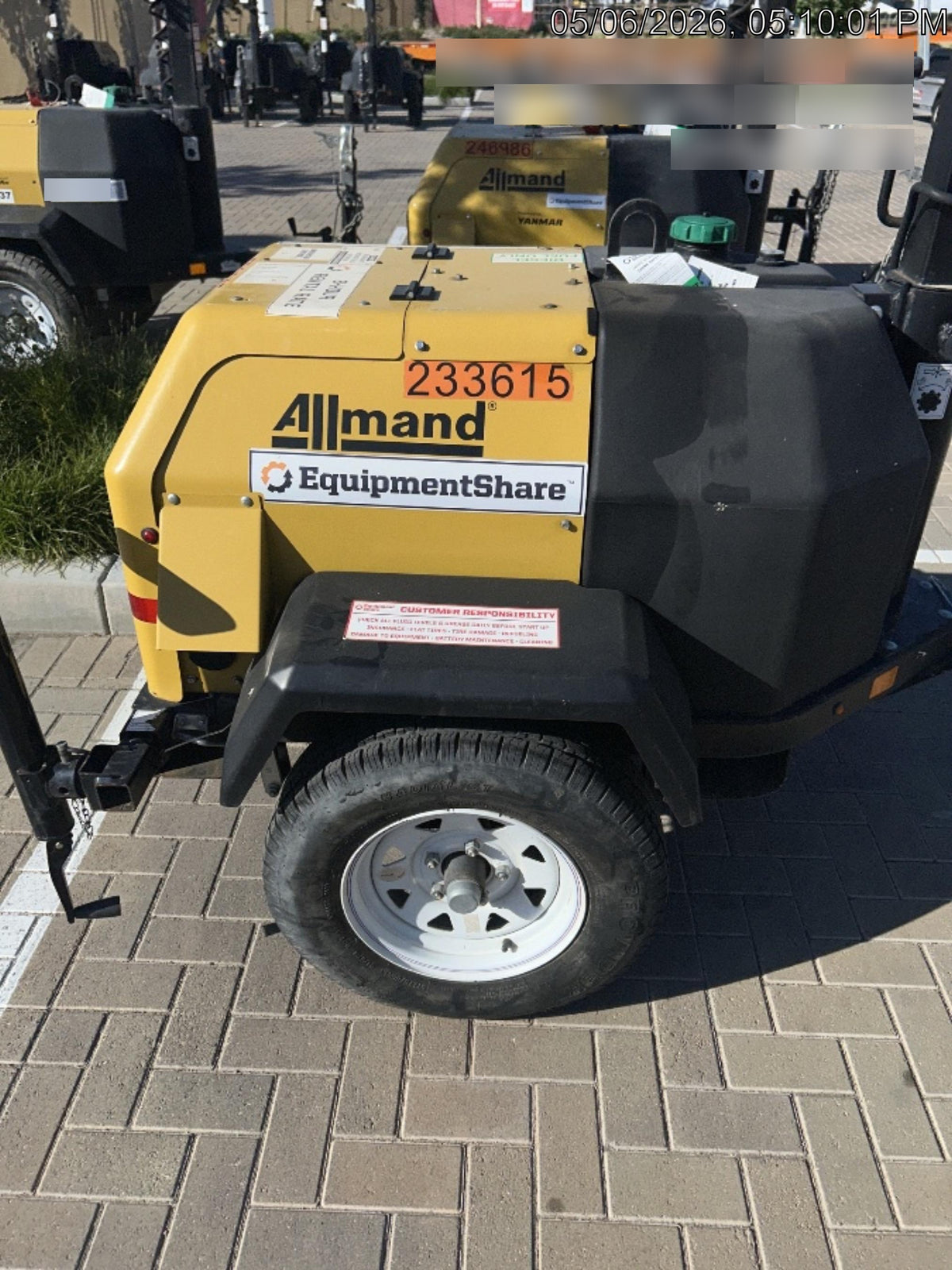 2022 Allmand NLV3GR (4) LED Light Fixture 350W, 23' Vertical Mast, 3kW Prime, Towable, Deep Sea L401, Leveling Jacks, Yanmar T4F 5.8hp