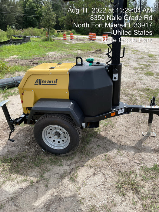 2022 Allmand NLV3GR (4) LED Light Fixture 350W, 23' Vertical Mast, 3kW Prime, Towable, Deep Sea L401, Leveling Jacks, Yanmar T4F 5.8hp