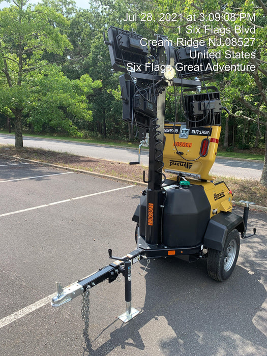 2021 Allmand NLV3GR (4) LED Light Fixture 350W, 23' Vertical Mast, 3kW Prime, Towable, Deep Sea L401, Leveling Jacks, Yanmar T4F 5.8hp