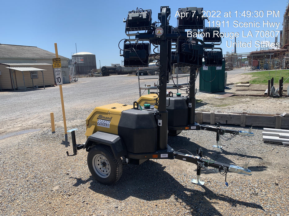 2022 Allmand NLV3GR (4) LED Light Fixture 350W, 23' Vertical Mast, 3kW Prime, Towable, Deep Sea L401, Leveling Jacks, Yanmar T4F 5.8hp