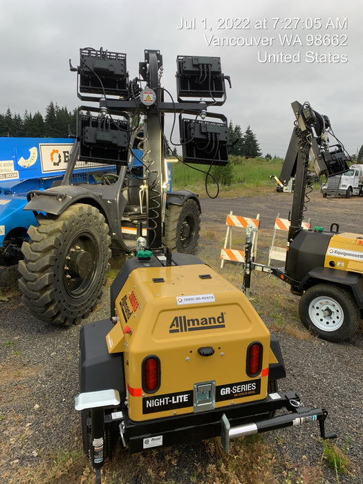 2022 Allmand NLV3GR (4) LED Light Fixture 350W, 23' Vertical Mast, 3kW Prime, Towable, Deep Sea L401, Leveling Jacks, Yanmar T4F 5.8hp