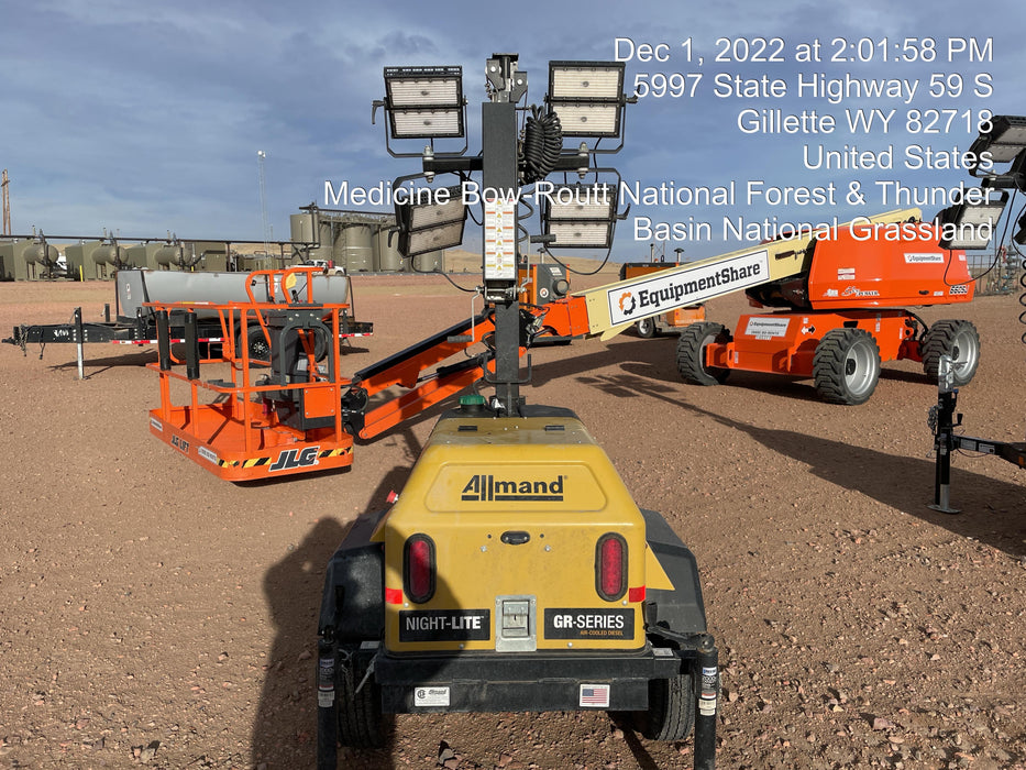 2022 Allmand NLV3GR (4) LED Light Fixture 350W, 23' Vertical Mast, 3kW Prime, Towable, ES Decals, T3 no