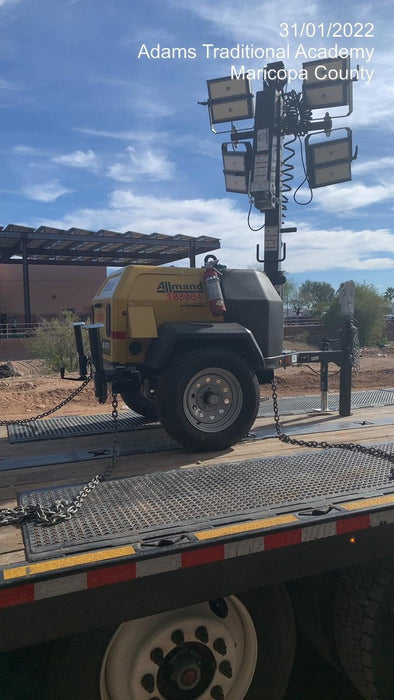 Allmand NLV3GR (4) LED Light Fixture 350W, 23' Vertical Mast, 3kW Prime, Towable, Deep Sea L401, Leveling Jacks, Yanmar T4F 5.8hp