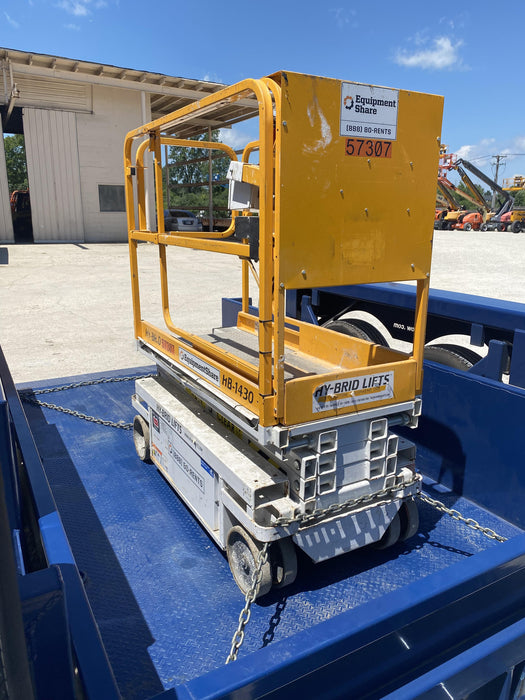 Custom Equipment HB-1430 <ul>
 <li>Hy-Brid Scissor Lift</li>
  <li>Platform capacity up to 670 lbs.</li>
  <li>Working height up to 20 ft</li>
  <li>Weighs under 1,700 lbs.</li>
  <li>Non-marking wheels </li>
</ul>