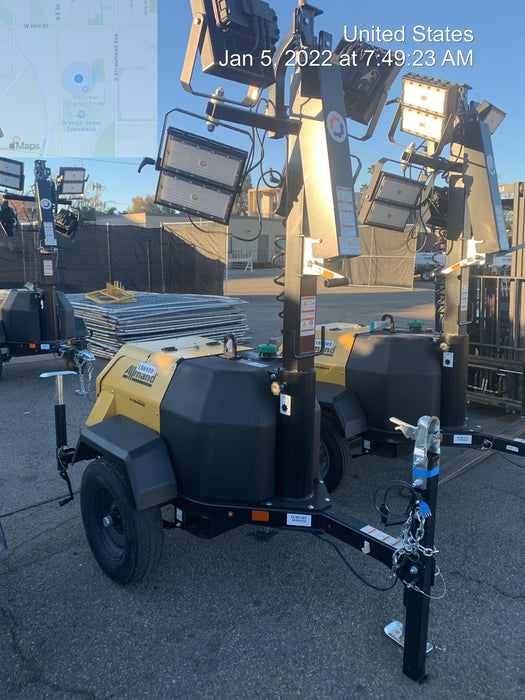 2021 Allmand NLV3GR (4) LED Light Fixture 350W, 23' Vertical Mast, 3kW Prime, Towable, Deep Sea L401, Leveling Jacks, Yanmar T4F 5.8hp