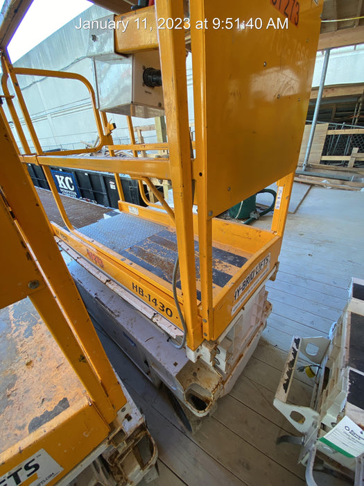 Custom Equipment HB-1430 <ul>
 <li>Hy-Brid Scissor Lift</li>
  <li>Platform capacity up to 670 lbs.</li>
  <li>Working height up to 20 ft</li>
  <li>Weighs under 1,700 lbs.</li>
  <li>Non-marking wheels </li>
</ul>