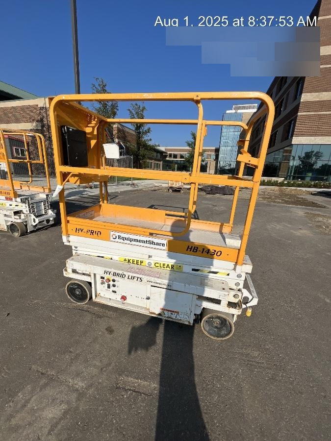 Custom Equipment HB-1430 <ul>
 <li>Hy-Brid Scissor Lift</li>
  <li>Platform capacity up to 670 lbs.</li>
  <li>Working height up to 20 ft</li>
  <li>Weighs under 1,700 lbs.</li>
  <li>Non-marking wheels </li>
</ul>