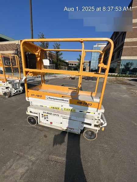 Custom Equipment HB-1430 <ul>
 <li>Hy-Brid Scissor Lift</li>
  <li>Platform capacity up to 670 lbs.</li>
  <li>Working height up to 20 ft</li>
  <li>Weighs under 1,700 lbs.</li>
  <li>Non-marking wheels </li>
</ul>