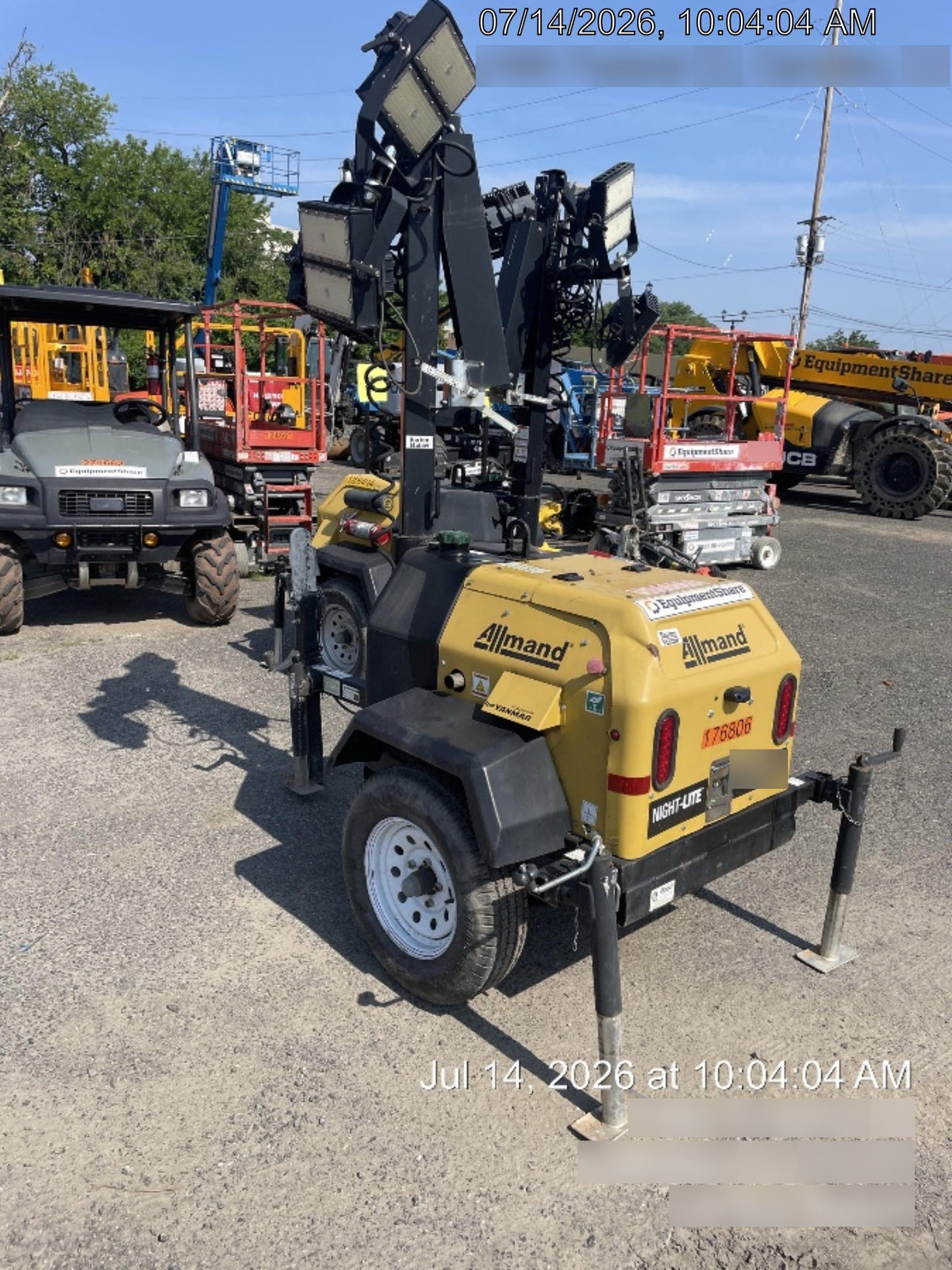 Allmand NLV3GR (4) LED Light Fixture 350W, 23' Vertical Mast, 3kW Prime, Towable, Deep Sea L401, Leveling Jacks, Yanmar T4F 5.8hp