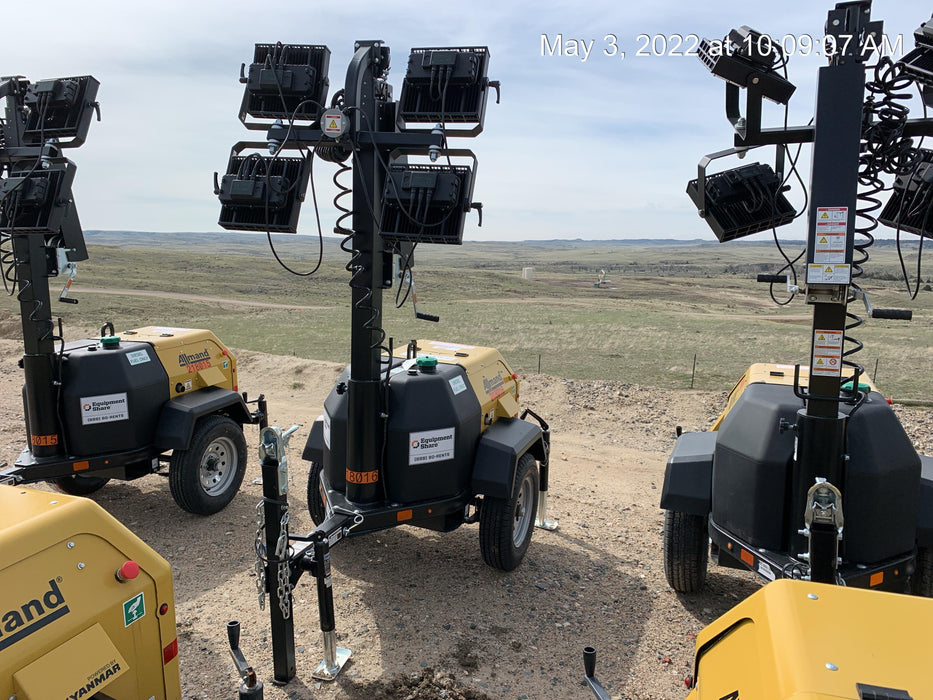 2022 Allmand NLV3GR (4) LED Light Fixture 350W, 23' Vertical Mast, 3kW Prime, Towable, Deep Sea L401, Leveling Jacks, Yanmar T4F 5.8hp