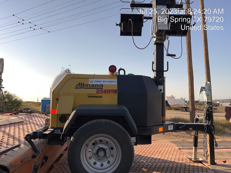 2022 Allmand NLV3GR (4) LED Light Fixture 350W, 23' Vertical Mast, 3kW Prime, Towable, ES Decals, T3