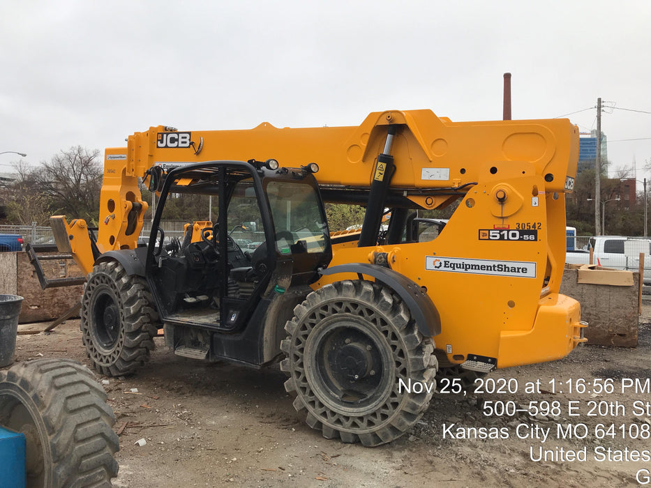 2019 JCB 510-56 Open ROPS, 74 HP, Solid Tires, Worklights, Beacon, Aux Hydraulics, Lifting Eye 72" Carriage/60" Forks