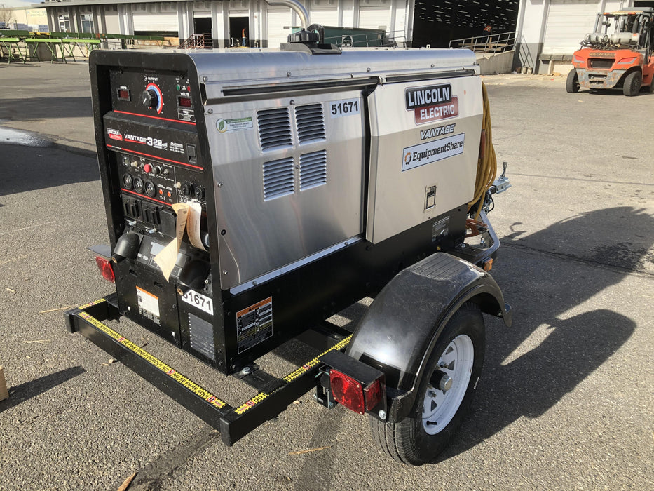 2019 Lincoln Electric Vantage 322 Welder Ready-Pak 3, Two wheel trailer, Fender and Light kit, Cable Rack