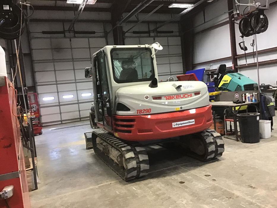 2019 Takeuchi TB290 Cab, AC, Rubber Tracks, Dozer Blade, Travel Alarm, Control Pattern Change Valve, Auxiliary Hydraulics w/18" Quick Coupler Bucket with teeth, 6.2 cu. ft. capacity/24" Quick Coupler Bucket with teeth, 8.6 cu. ft. capacity/36" Quick Coupler Bucket with teeth, 13.4 cu. ft. capacity, Quick Coupler, Hydraulic Thumb Installed