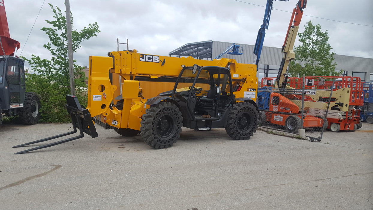 2019 JCB 510-56 74 HP w/Open ROPS, Beacon, Aux Hydraulics, Worklights, Solid Tires, 60" Carriage/Forks