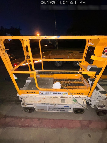Custom Equipment HB-1430 <ul>
 <li>Hy-Brid Scissor Lift</li>
  <li>Platform capacity up to 670 lbs.</li>
  <li>Working height up to 20 ft</li>
  <li>Weighs under 1,700 lbs.</li>
  <li>Non-marking wheels </li>
</ul>