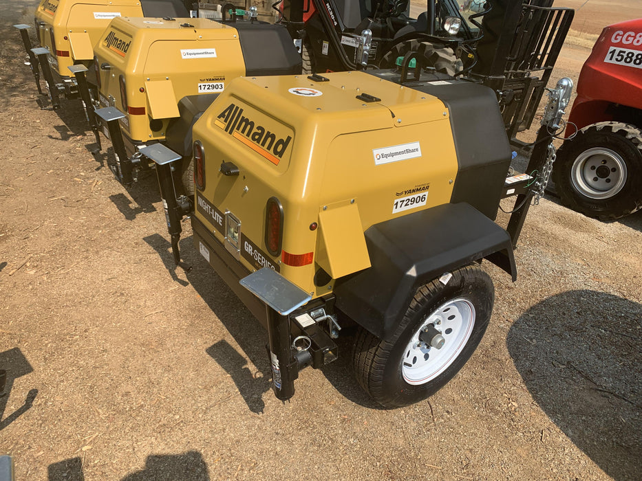 Allmand NLV3GR (4) LED Light Fixture 350W, 23' Vertical Mast, 3kW Prime, Towable, Deep Sea L401, Leveling Jacks, Yanmar T4F 5.8hp