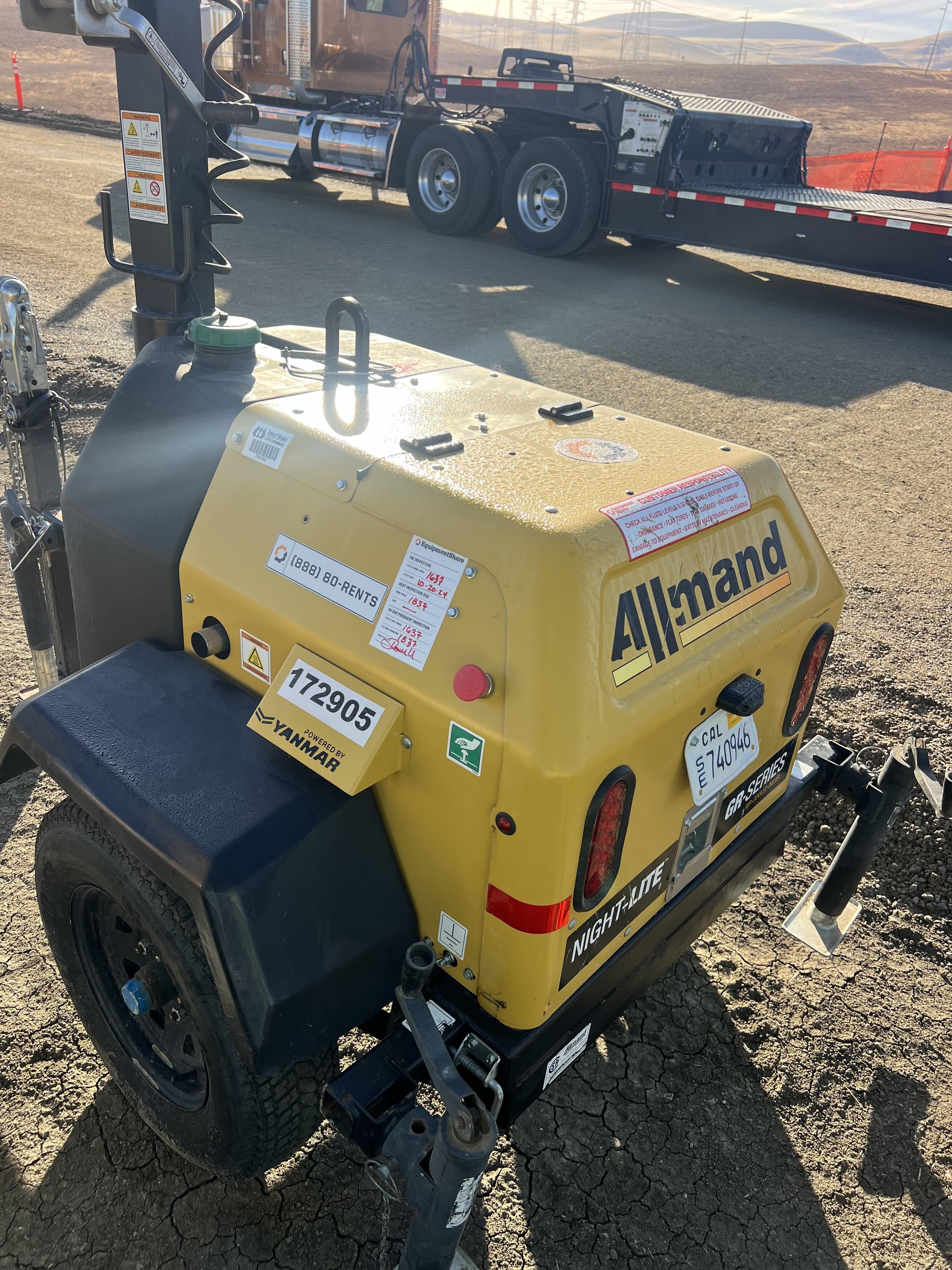 Allmand NLV3GR (4) LED Light Fixture 350W, 23' Vertical Mast, 3kW Prime, Towable, Deep Sea L401, Leveling Jacks, Yanmar T4F 5.8hp