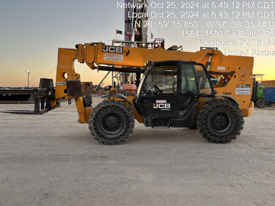 2018 JCB 510-56 JCB 510-56 Telehandler 74 HP w/CAB/HVAC, Beacon, Worklights, Aux Hydraulics, Solid Tires, 60" Carriage/Forks